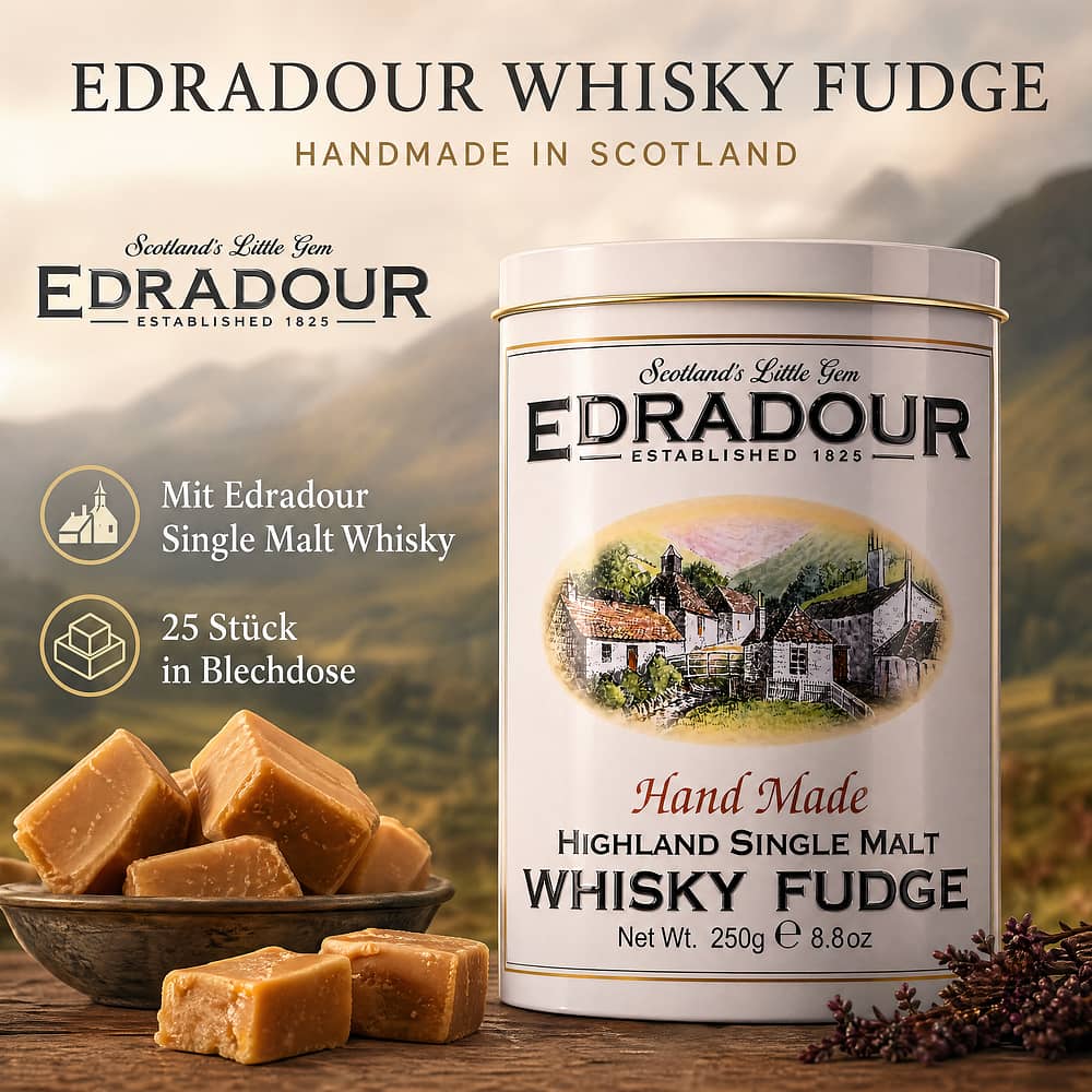 Edradour Whisky Fudge 25 Stück mit Edradour Whisky in Blechdose 250 Gramm/ 1.0% vol Produktbild