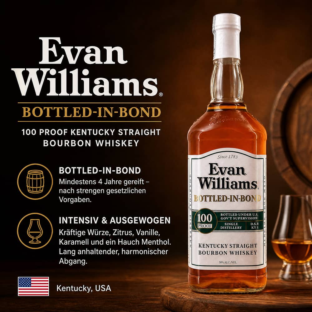 Evan Williams Bottled in Bond 100 Proof Kentucky Straight Bourbon Whiskey Literflasche 1 Liter/ 50.0% vol Produktbild