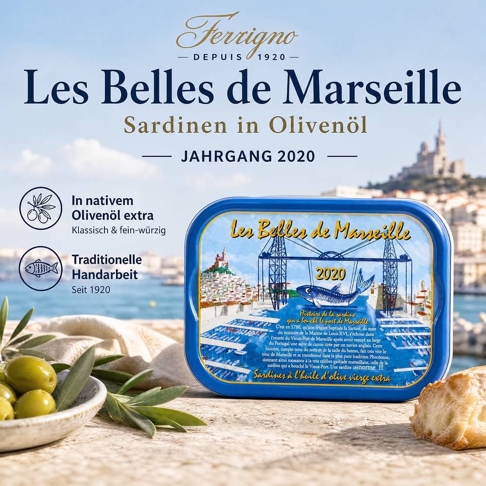 Ferrigno Jahrgang Sardinen mit Olivenöl (Les belles de Marseille) Jahrgang 2020 115g 80 Gramm Abtropfgewicht Produktbild