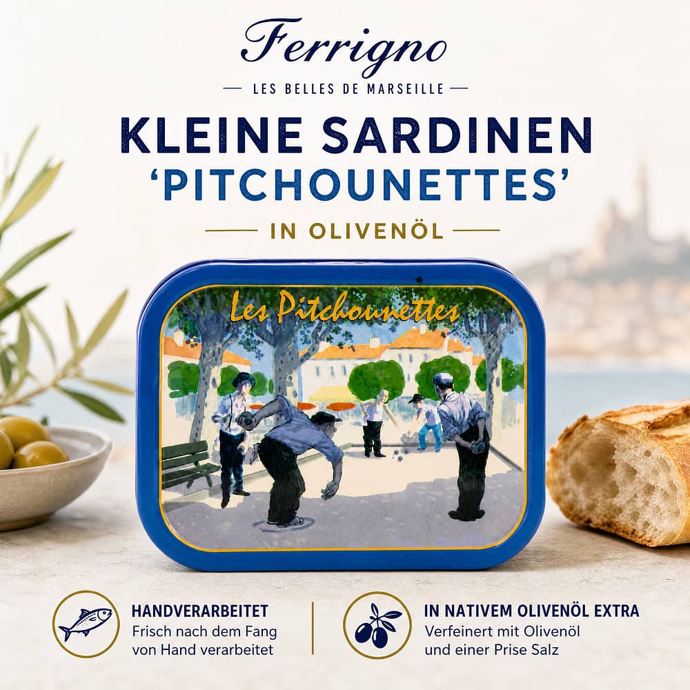 Ferrigno Kleine Sardinen 'Pitchounettes' (Les belles de Marseille) 115g 80 Gramm Abtropfgewicht Produktbild