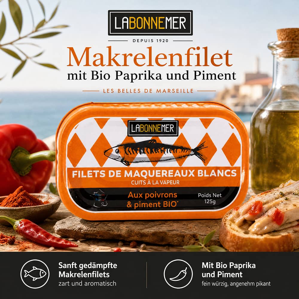 Ferrigno La Bonne Mer Makrelenfilet mit Bio Paprika und Piment 125g 78 Gramm Abtropfgewicht Produktbild