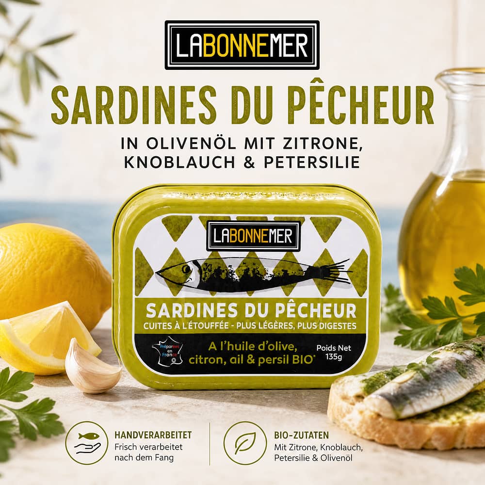 Ferrigno La Bonne Mer Sardinen mit Bio Olivenöl, Zitrone, Knoblauch Petersilie "Pêcheur 135g 95 Gramm Abtropfgewicht Produktbild