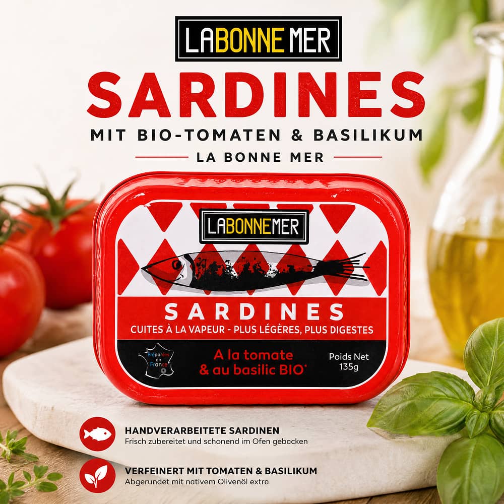 Ferrigno La Bonne Mer Sardinen mit Bio-Tomaten & Basilikum 135g 88 Gramm Abtropfgewicht Produktbild