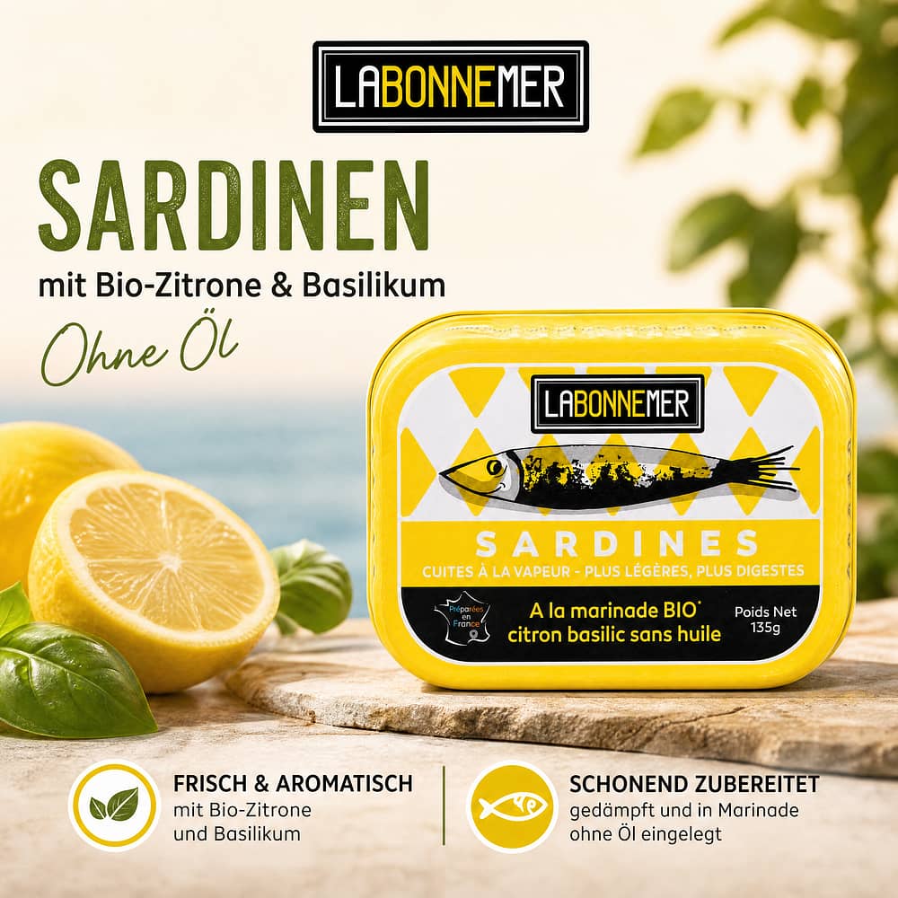 Ferrigno La Bonne Mer Sardinen mit Bio-Zitrone und Basilikum-Marinade ohne Öl 135g 95 Gramm Abtropfgewicht Produktbild