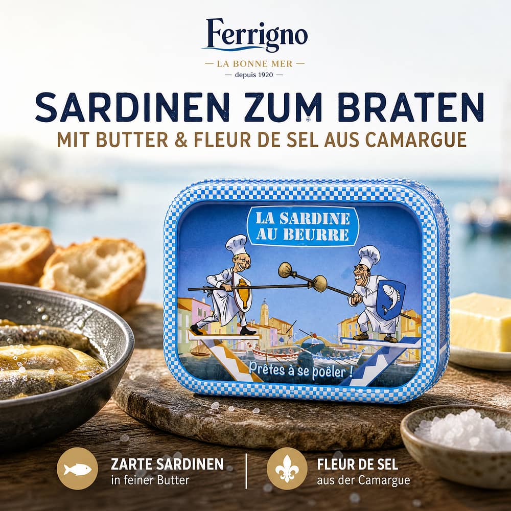 Ferrigno La Bonne Mer Sardinen mit Butter und Fleur de sel aus Camargue (zum Braten) 115g 115 Gramm Produktbild