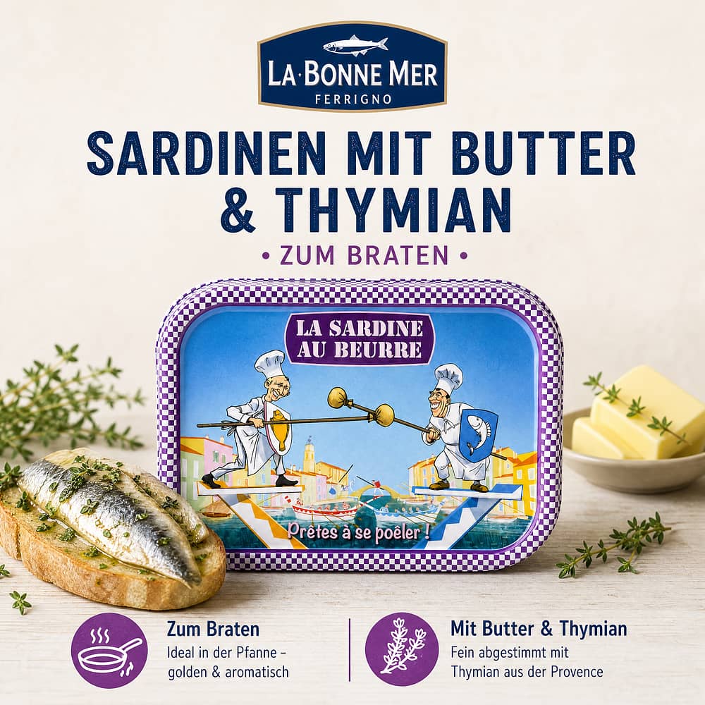 Ferrigno La Bonne Mer Sardinen mit Butter und Thymian (zum Braten) 115g 115 Gramm Produktbild