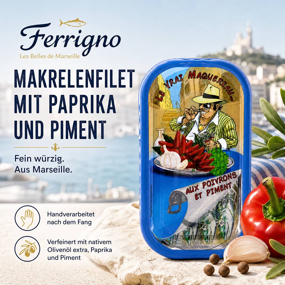 Ferrigno Makrelenfilet mit Paprika und Piment (Les belles de Marseille) 125g 78 Gramm Abtropfgewicht Produktbild