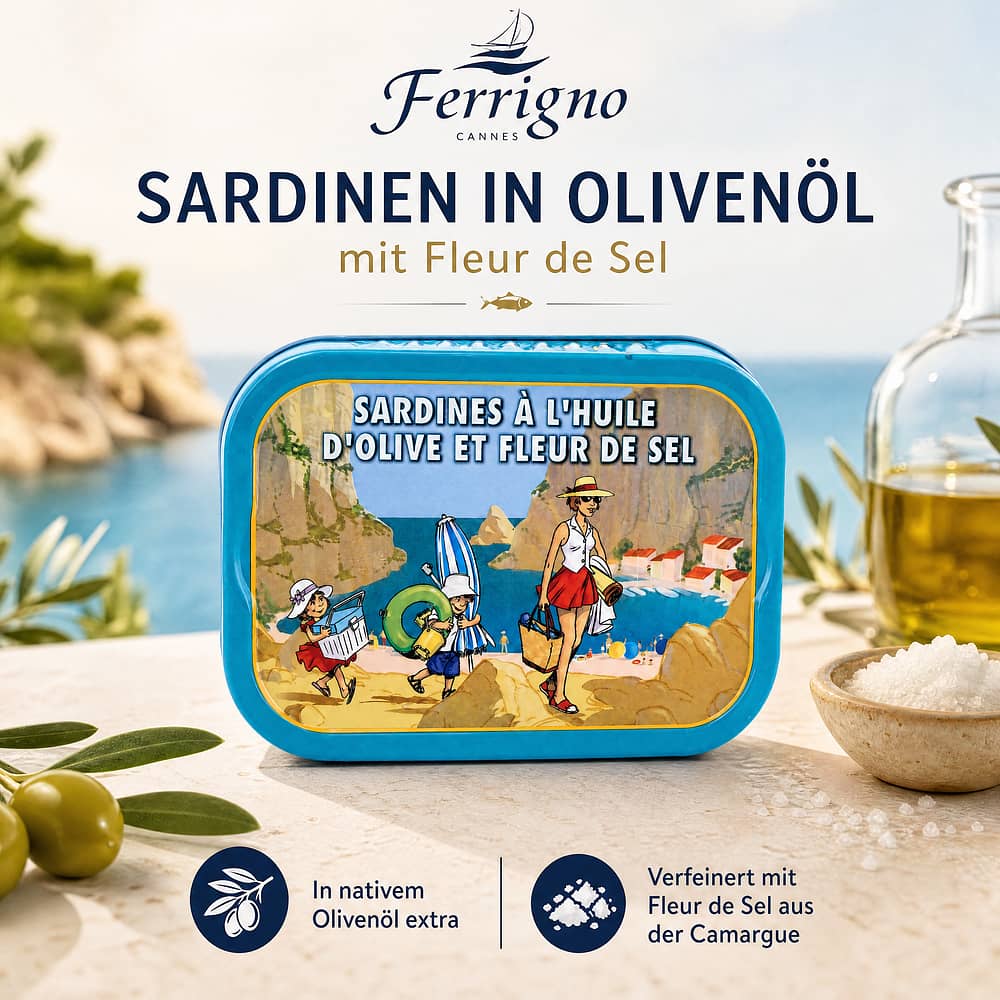 Ferrigno Sardinen in Olivenöl mit Fleur de sel 115g 80 Gramm Abtropfgewicht Produktbild