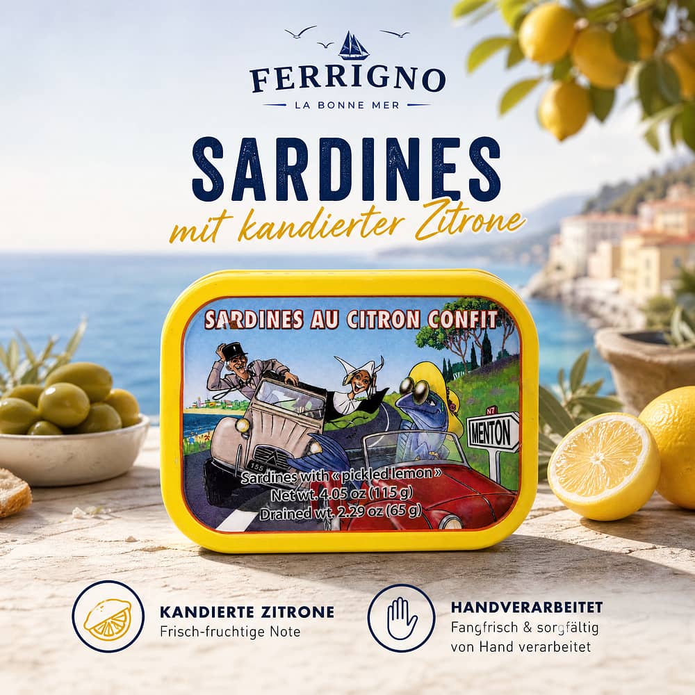 Ferrigno Sardinen mit kandierter Zitrone 115g 65 Gramm Abtropfgewicht Produktbild