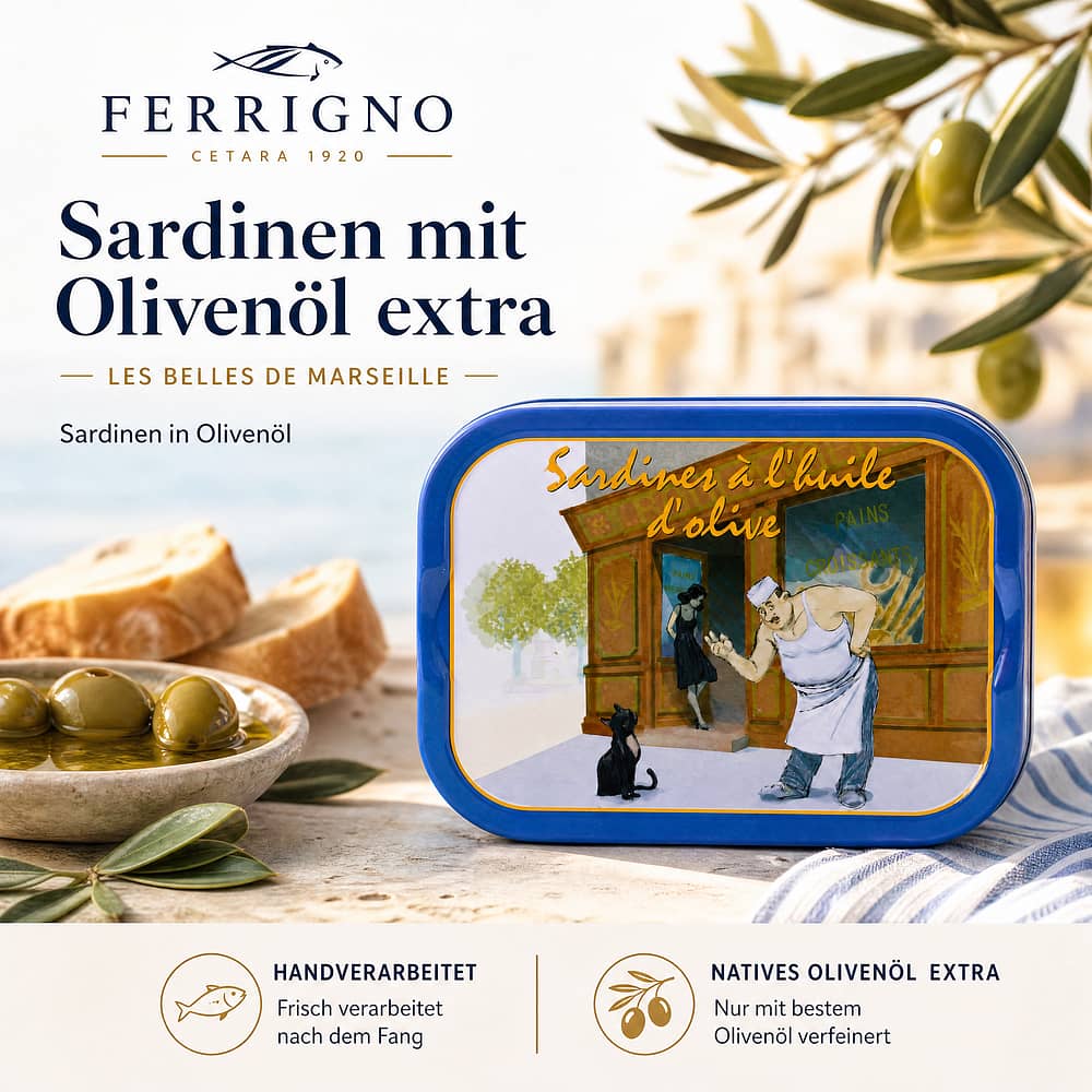 Ferrigno Sardinen mit Olivenöl extra (Les belles de Marseille) 115g 80 Gramm Abtropfgewicht Produktbild
