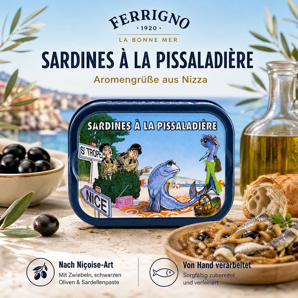 Ferrigno Sardinen Pissaladière 115g 65 Gramm Abtropfgewicht Produktbild