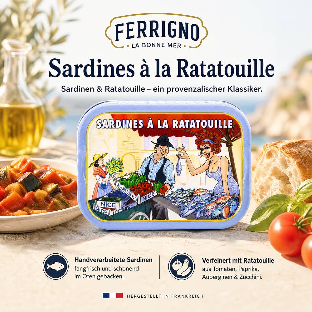 Ferrigno Sardinen Ratatouille 115g 65 Gramm Abtropfgewicht Produktbild