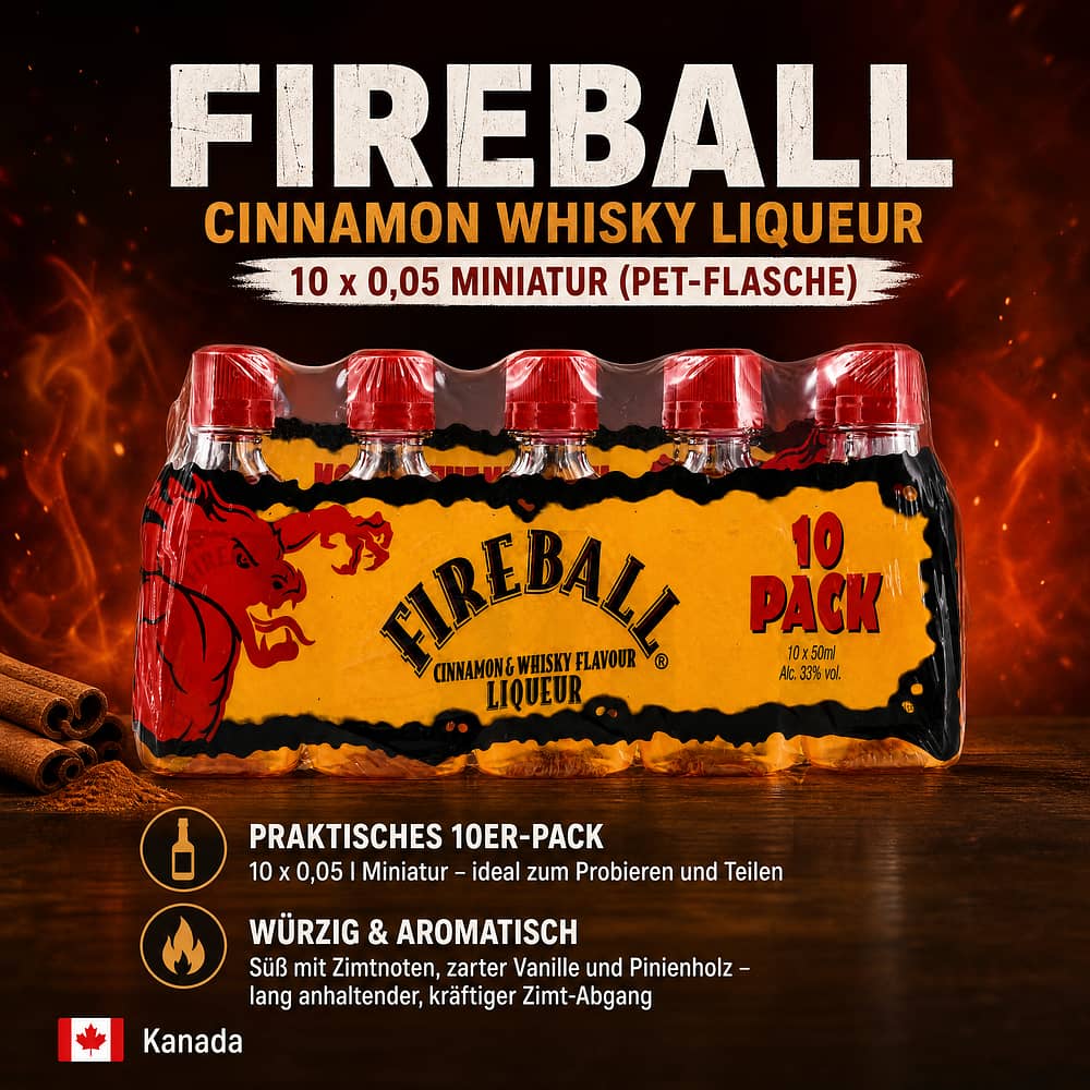 Fireball Cinnamon Whisky Liqueur 10 x 0,05 Miniatur (PET-Flasche) 0,50 Liter/ 33.0% vol Produktbild