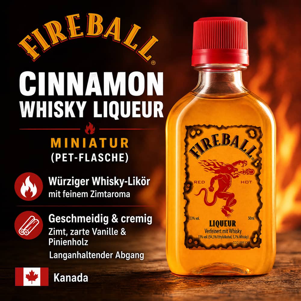 Fireball Cinnamon Whisky Liqueur Miniatur (PET-Flasche) 0,050 Liter/ 33.0% vol Produktbild