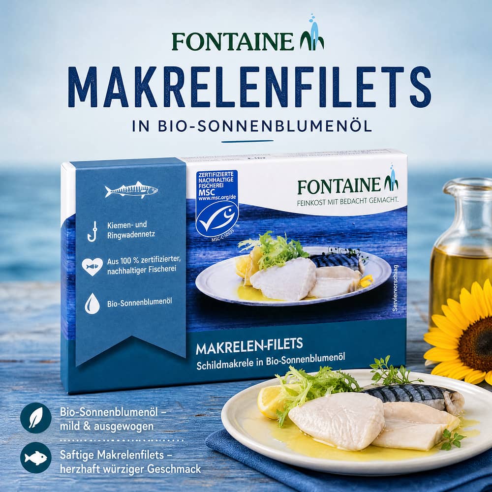 Fontaine Makrelenfilets in BIO-Sonnenblumenöl 125g 90 Gramm Abtropfgewicht Produktbild