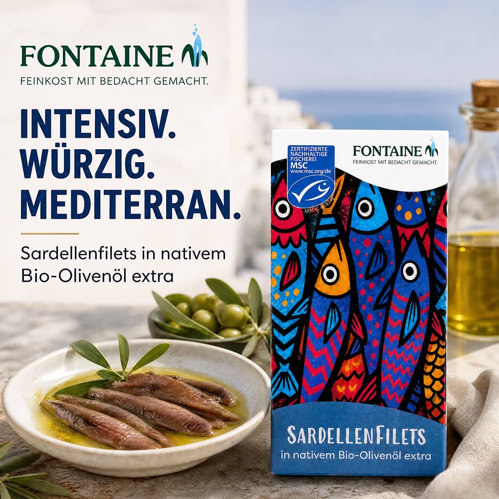 Fontaine Sardellenfilets in nativem BIO-Olivenöl extra 45g 23 Gramm Abtropfgewicht Produktbild