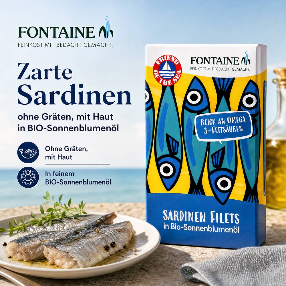 Fontaine Sardinen ohne Gräten, mit Haut in BIO-Sonnenblumenöl 120g 90 Gramm Abtropfgewicht Produktbild