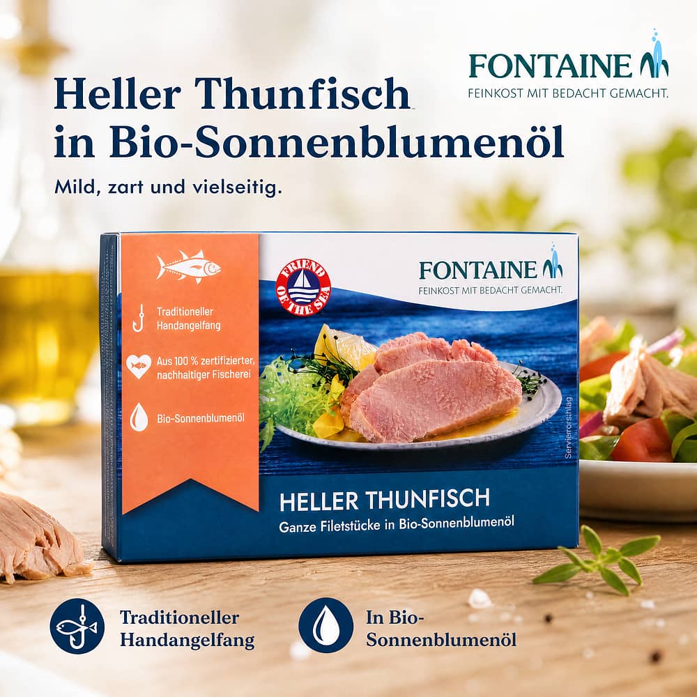 Fontaine Thunfisch hell in BIO-Sonnenblumenöl 120g 90 Gramm Abtropfgewicht Produktbild