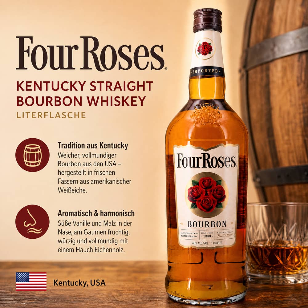 Four Roses Kentucky Straight Bourbon Whiskey Literflasche 1 Liter/ 40.0% vol Produktbild