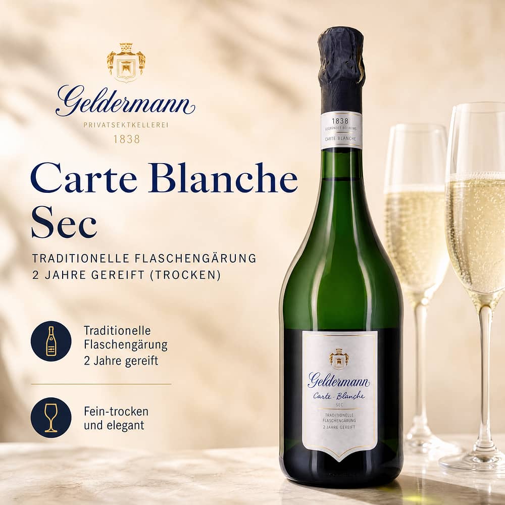 Geldermann Carte Blanche Sec Traditionelle Flaschengärung 2 Jahre gereift (trocken) 0,750 Liter/ 12.0% vol Produktbild