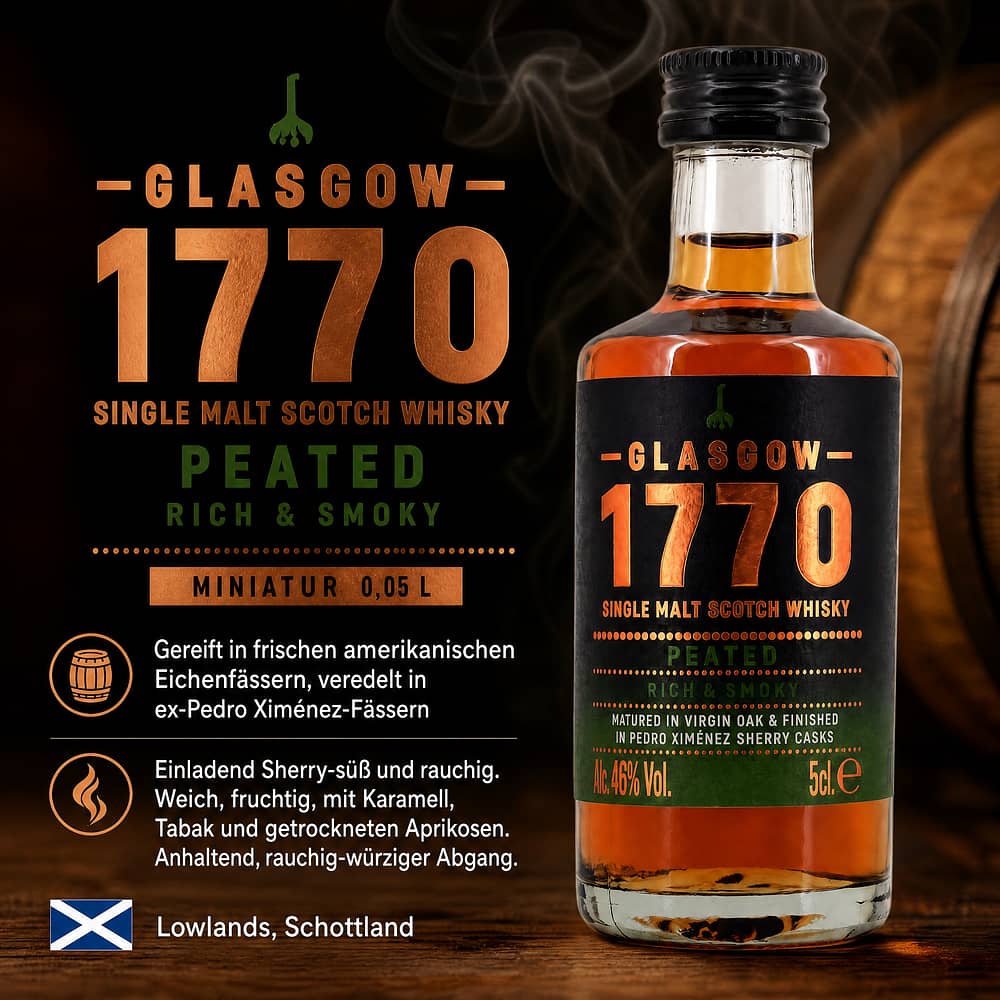 Glasgow Distillery 1770 Glasgow Single Malt Peated Rich & Smoky Miniatur 0,050 Liter/ 46.0% vol Produktbild