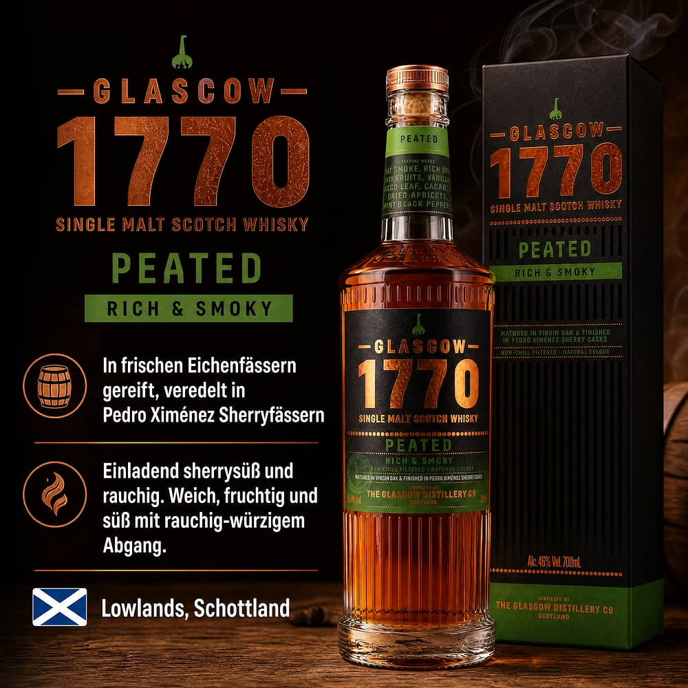 Glasgow Distillery 1770 Glasgow Single Malt Peated Rich & Smoky 0,70 Liter/ 46.0% vol Produktbild