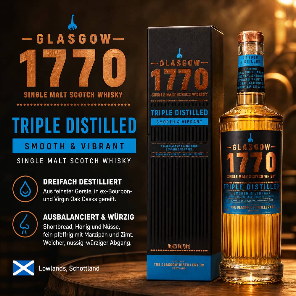 Glasgow Distillery 1770 Glasgow Single Malt Triple Distilled Smooth 0,70 Liter/ 46.0% vol Produktbild
