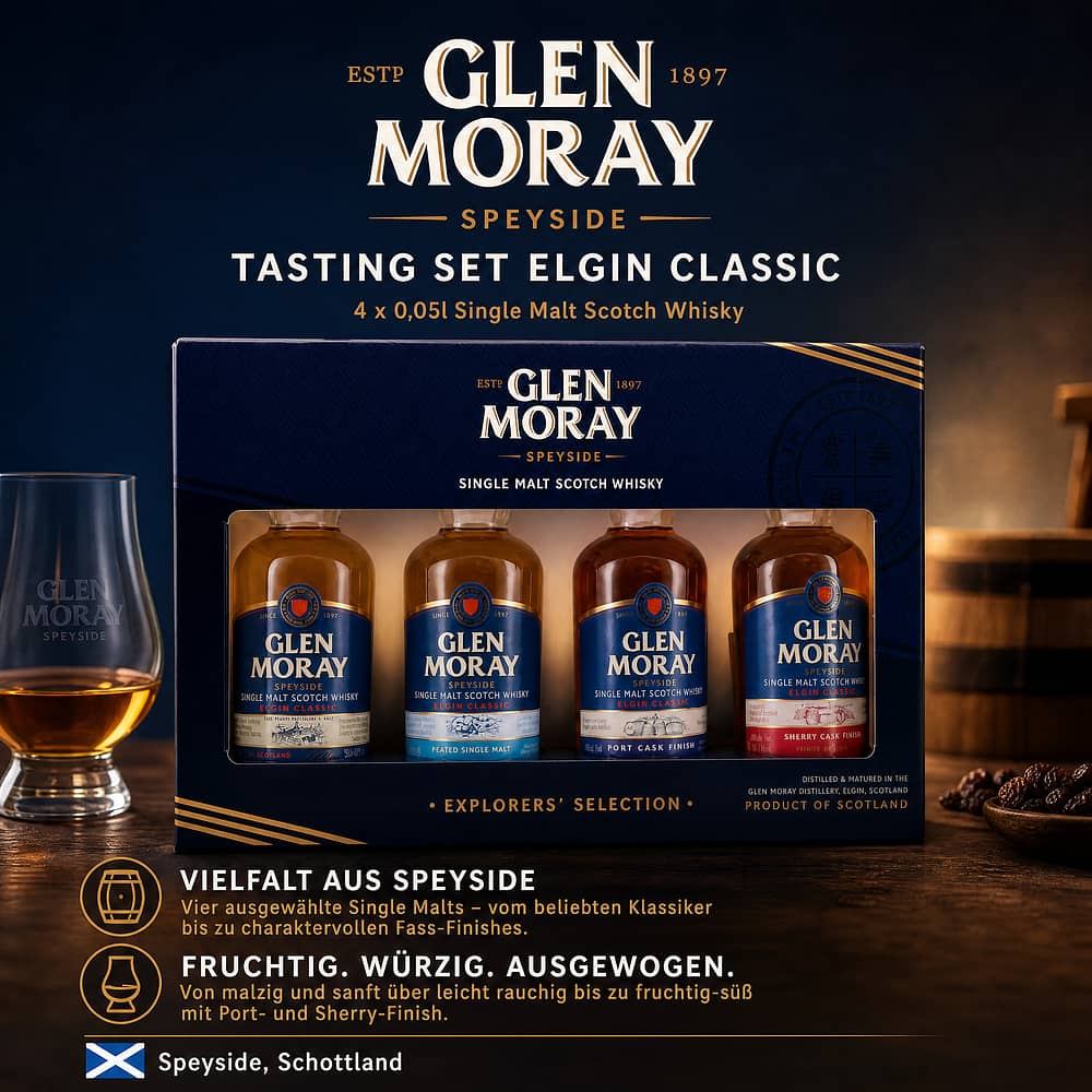 Glen Moray Tasting Set Elgin Classic, Peated Malt, Port Cask Finish, Sherry Cask Finish je 0,05l 0,20 Liter/ 40.0% vol Produktbild