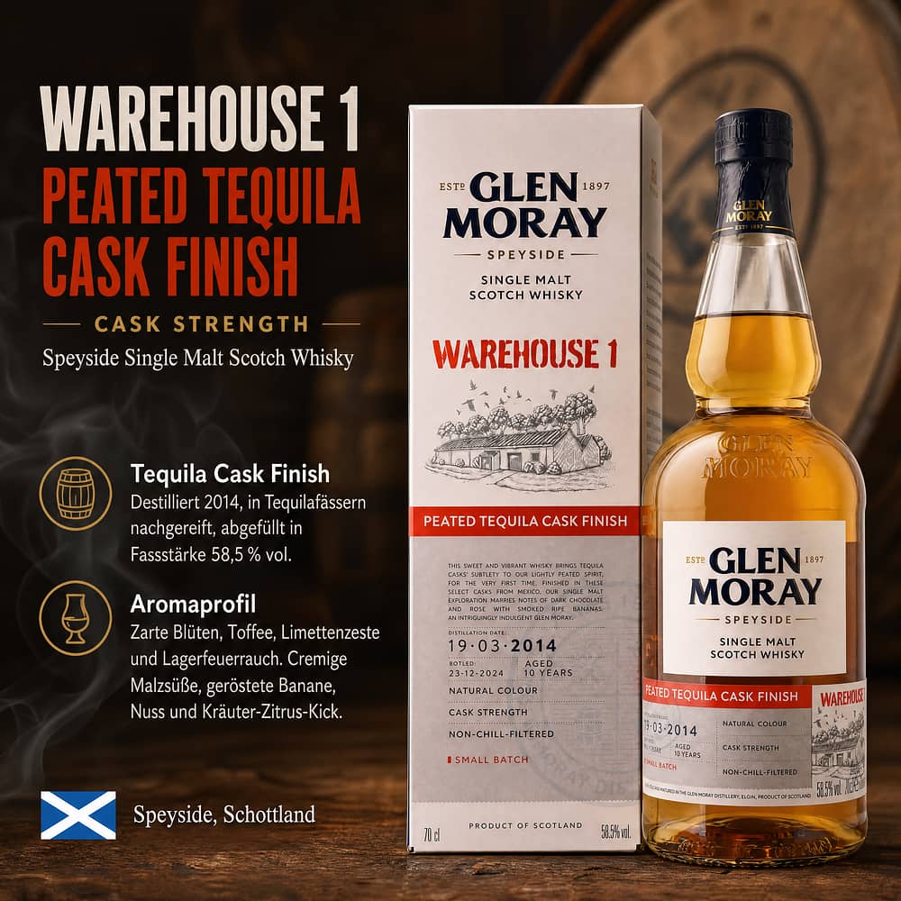 Glen Moray Warehouse 1 2014 Peated Tequila Cask Finish Cask Strength 0,70 Liter/ 58.5% vol Produktbild