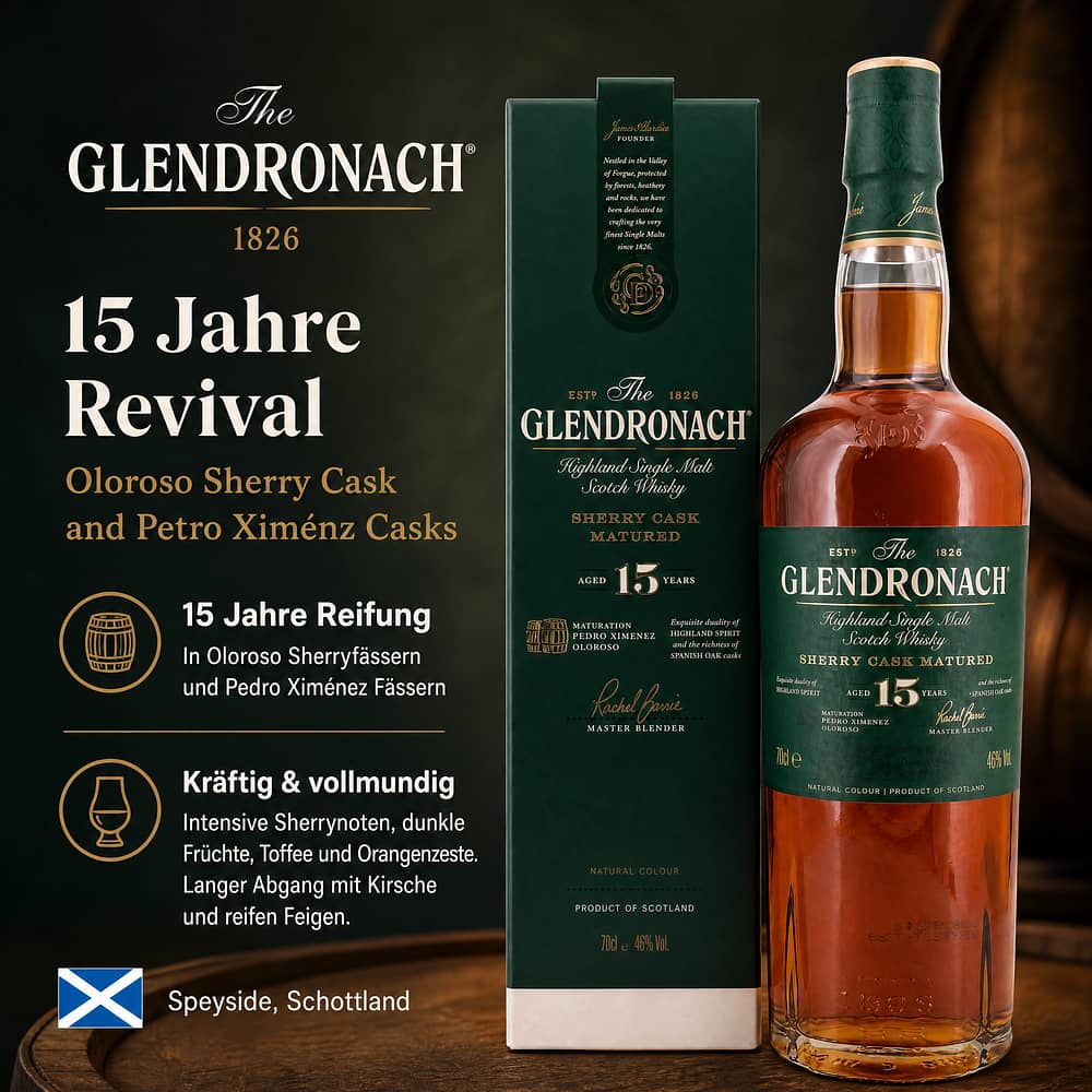 Glendronach 15 Jahre Revival Oloroso Sherry Cask and Petro Ximénz Casks 0,70 Liter/ 46.0% vol Produktbild