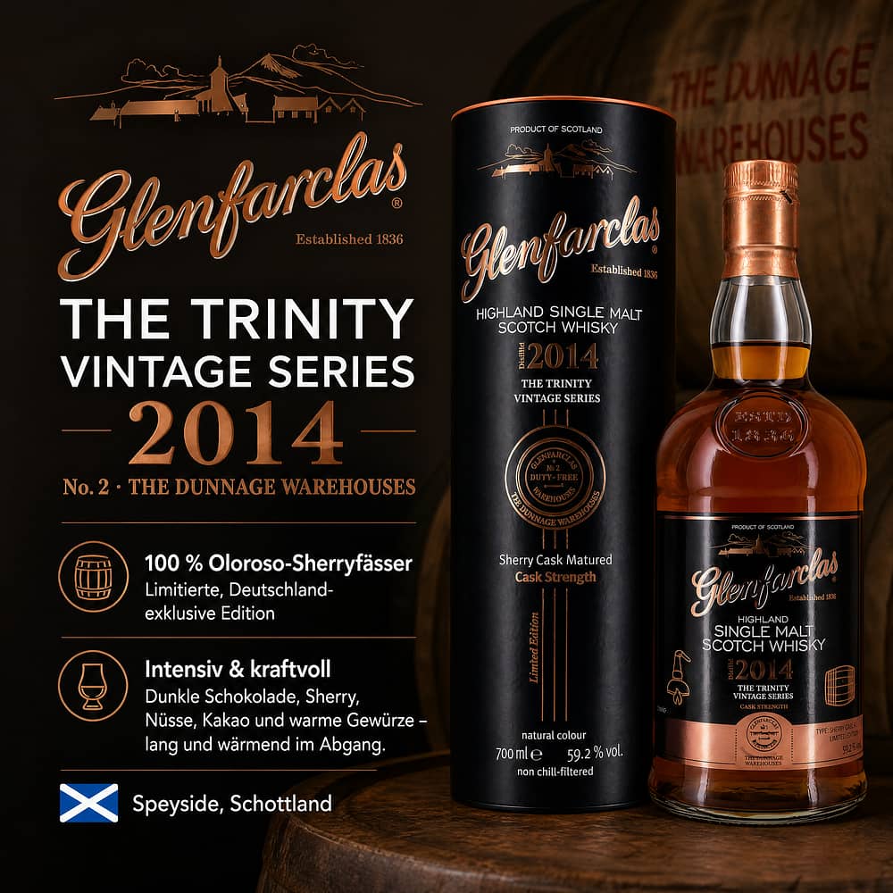 Glenfarclas The Trinity Vintage Series 2014 No. 2 · The Dunnage Warehouses 0,70 Liter/ 59.2% vol Produktbild