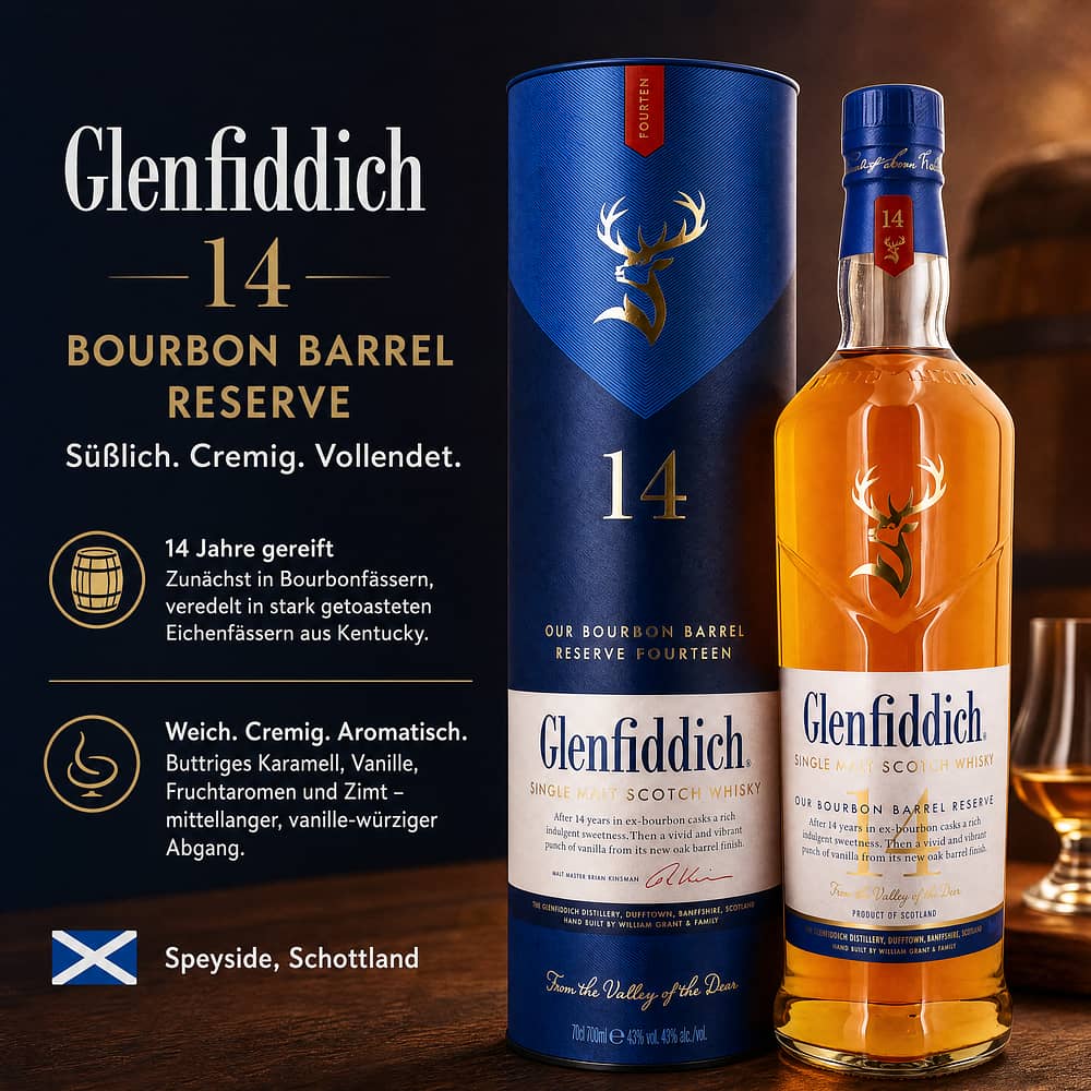 Glenfiddich 14 Jahre Bourbon Barrel Reserve 0,70 Liter/ 43.0% vol Produktbild
