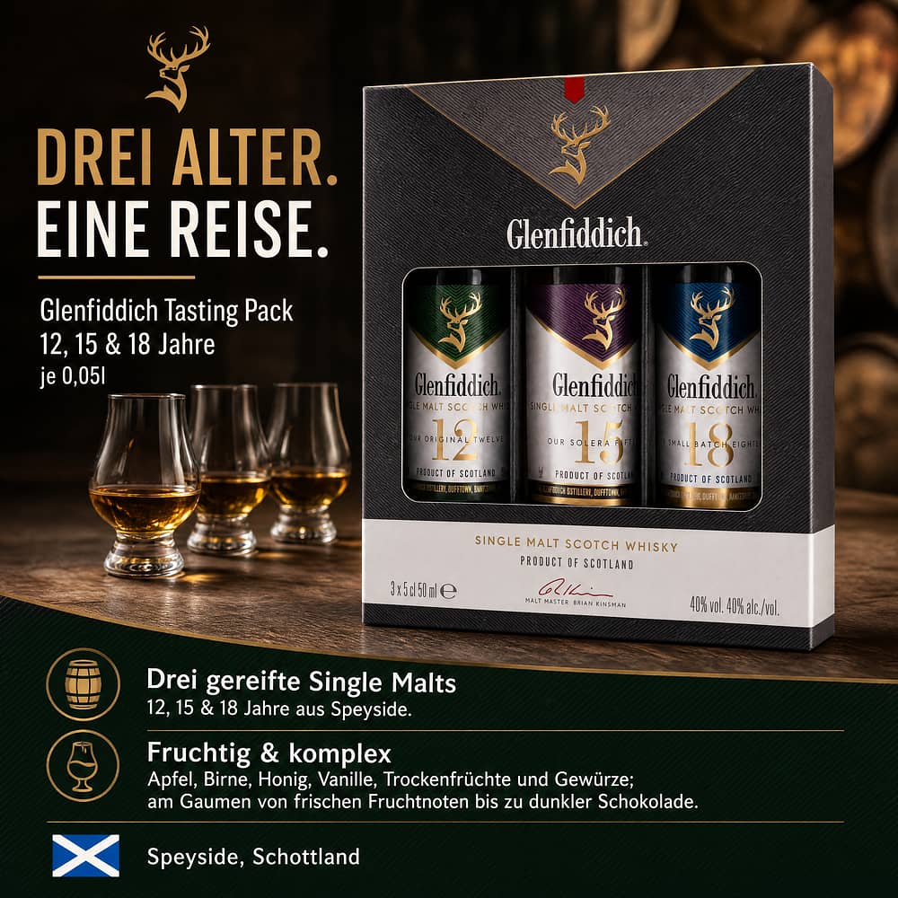 Glenfiddich Tasting Pack 12, 15 & 18 Jahre je 0,05l 0,150 Liter/ 40.0% vol Produktbild