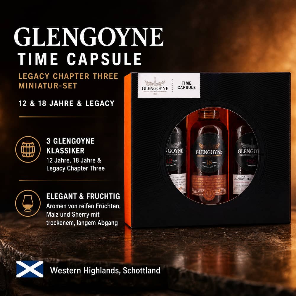 Glengoyne Time Capsule Miniatur-Set Legacy Chapter Three 48% , 12 & 18 Jahre 43% 0,150 Liter/ 44.7% vol Produktbild
