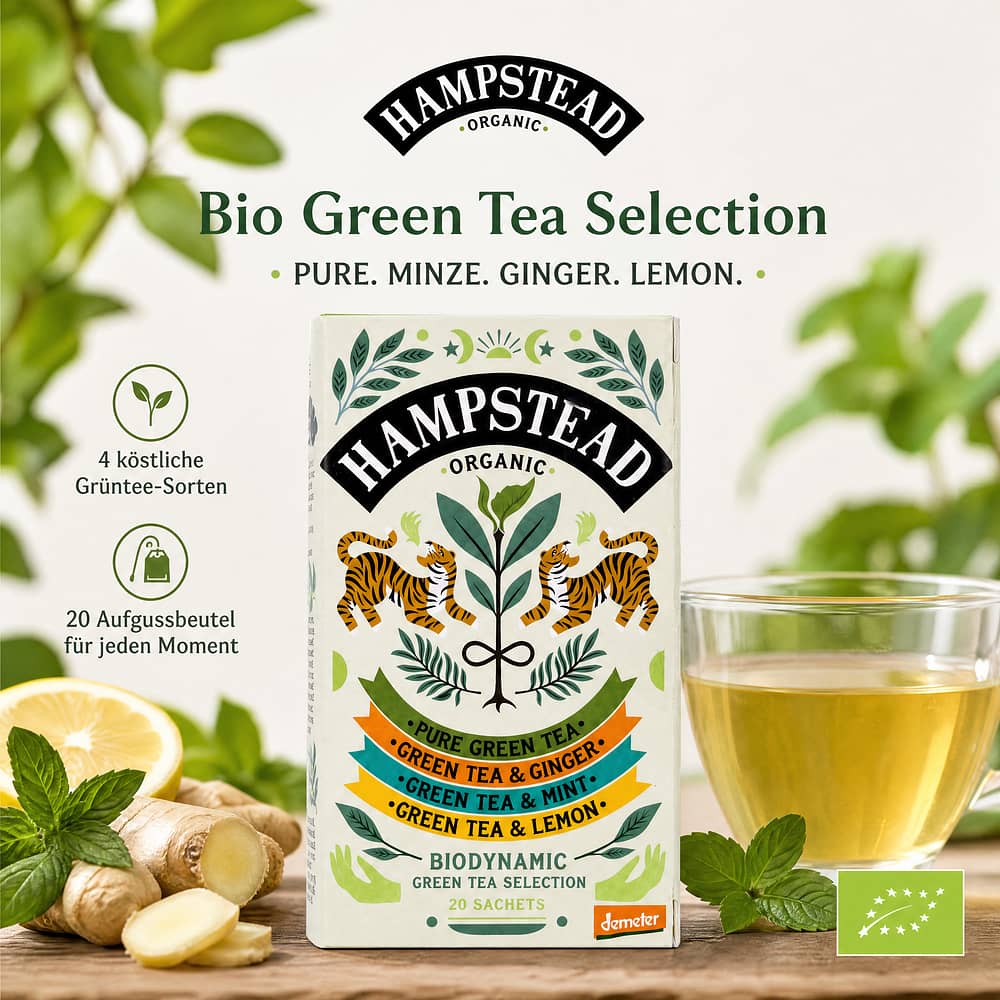 Hampstead Tea BIO Organic Green Tea Selection Green Tea -Pure, -Minze, -Ginger, -Lemon 40 Gramm Produktbild