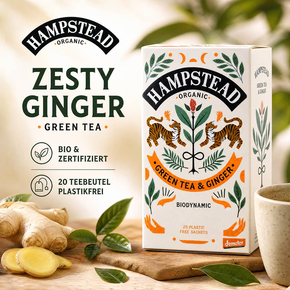 Hampstead Tea BIO Organic Zesty Ginger Green Tea 20 Teebeutel 40 Gramm Produktbild