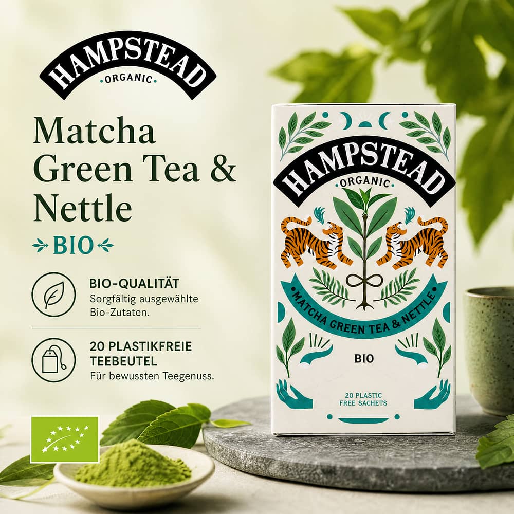 Hampstead Tea Matcha Green Tea & Nettle BIO 20 plastikfreie Teebeutel 40 Gramm Produktbild