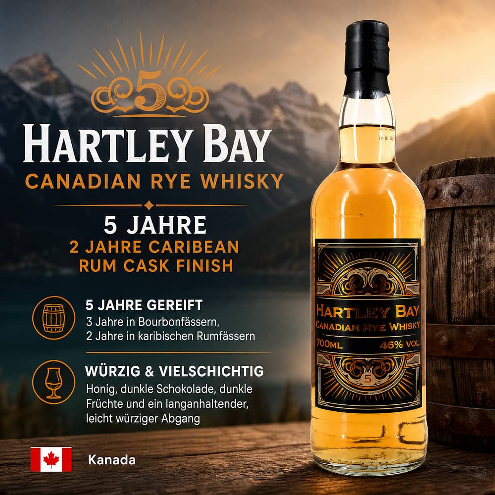 Hartley Bay Canadian Rye Whisky 5 Jahre 2 Jahre Caribean Rum Cask Finish 0,70 Liter/ 46.0% vol Produktbild