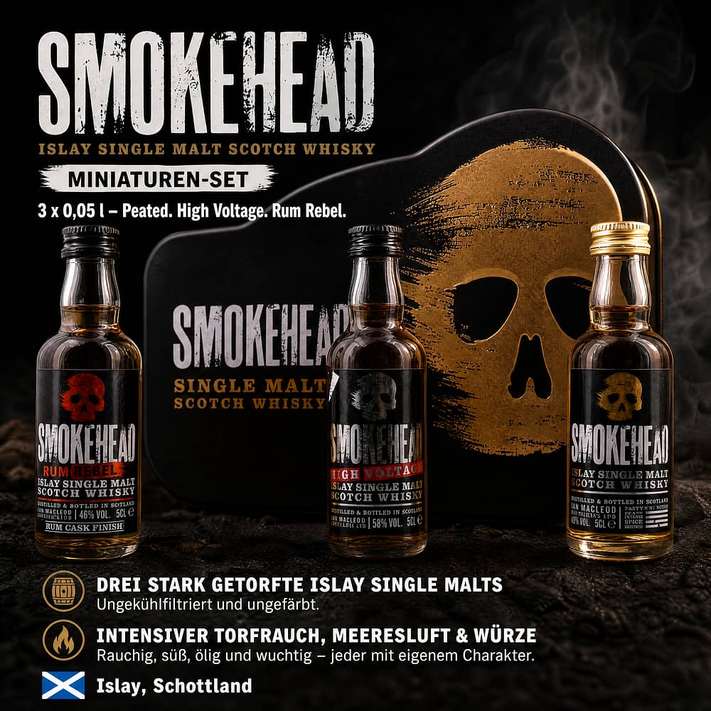 Ian Macleod Smokehead-Set Peated, High Voltage, Rum Rebel je 0,05l Miniaturen 0,150 Liter/ 49.0% vol Produktbild