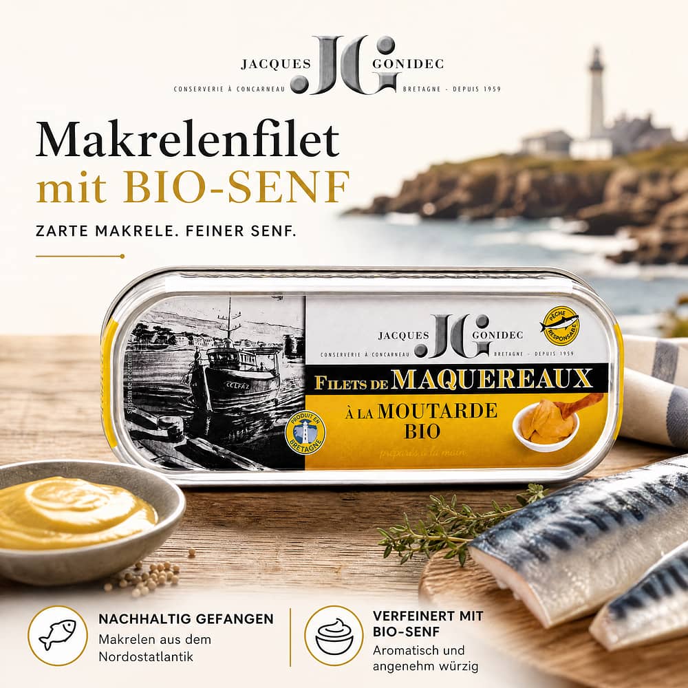 Jacques Gonidec Makrelenfilet mit BIO-Senf 169 Gramm Produktbild