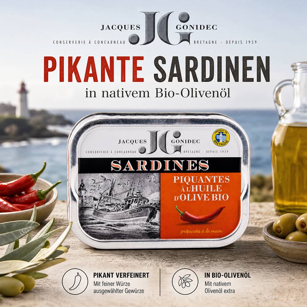 Jacques Gonidec Pikante Sardinen in nativem Bio-Olivenöl 115g 87 Gramm Abtropfgewicht Produktbild