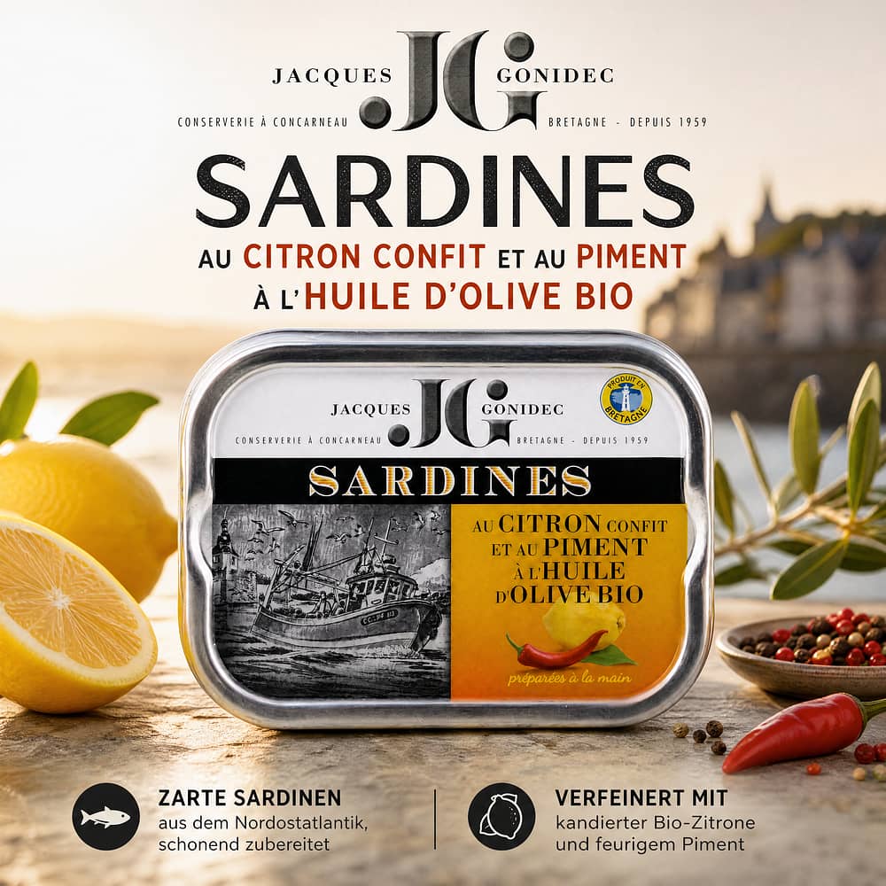 Jacques Gonidec Pikante Sardinen in Olivenöl mit kandierter Bio-Zitrone und -Piment 115g 87 Gramm Abtropfgewicht Produktbild