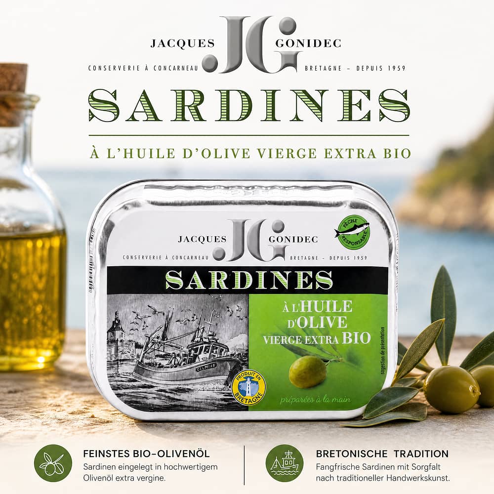 Jacques Gonidec Sardinen in Bio-Olivenöl 115g 87 Gramm Abtropfgewicht Produktbild