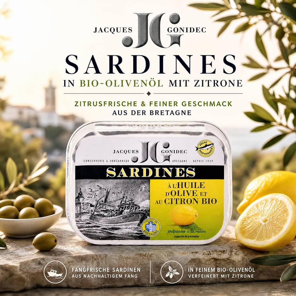 Jacques Gonidec Sardinen in Bio-Olivenöl mit Zitrone 115g 87 Gramm Abtropfgewicht Produktbild