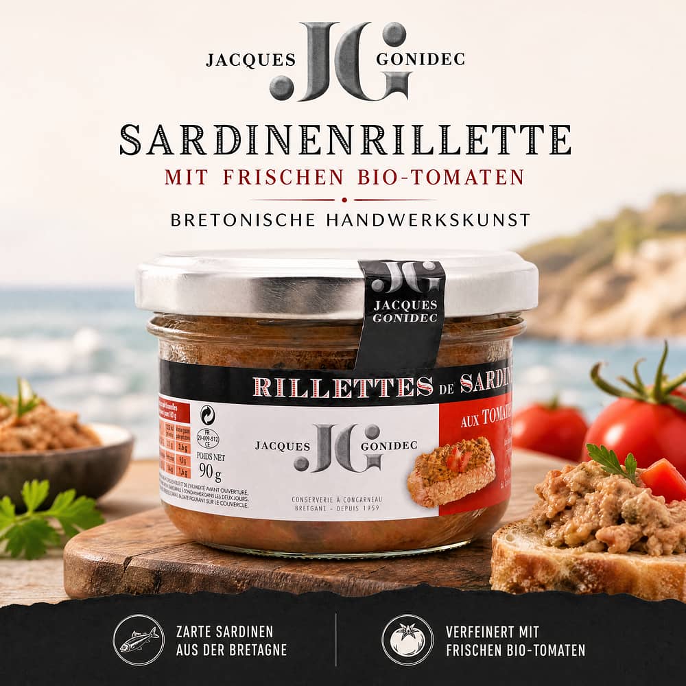 Jacques Gonidec Sardinenrillette mit frischen BIO-Tomaten 90 Gramm Produktbild