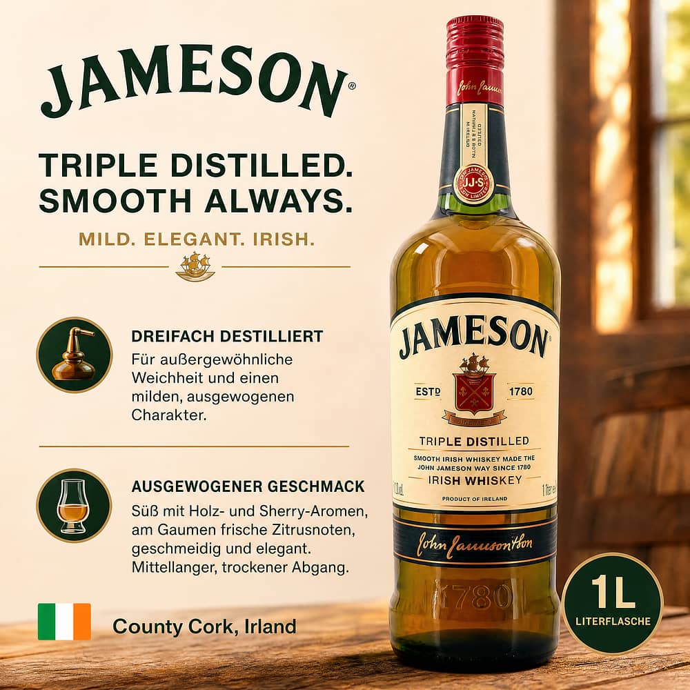 Jameson Irish Whiskey Literflasche 1 Liter/ 40.0% vol Produktbild
