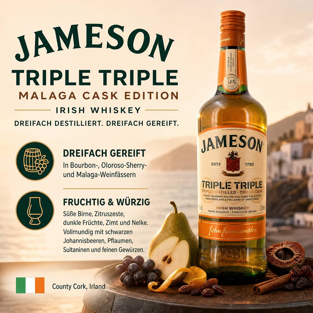 Jameson Triple Triple Malaga Cask Fiish Edition Literflasche 1 Liter/ 40.0% vol Produktbild