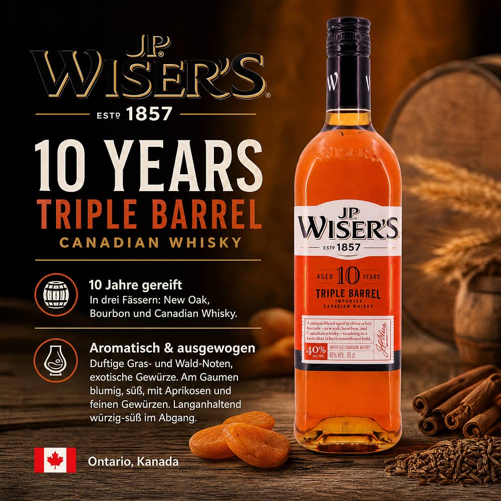 J.P.Wiser's 10 Jahre Tripple Barrel Canadian Whisky 0,70 Liter/ 40.0% vol Produktbild