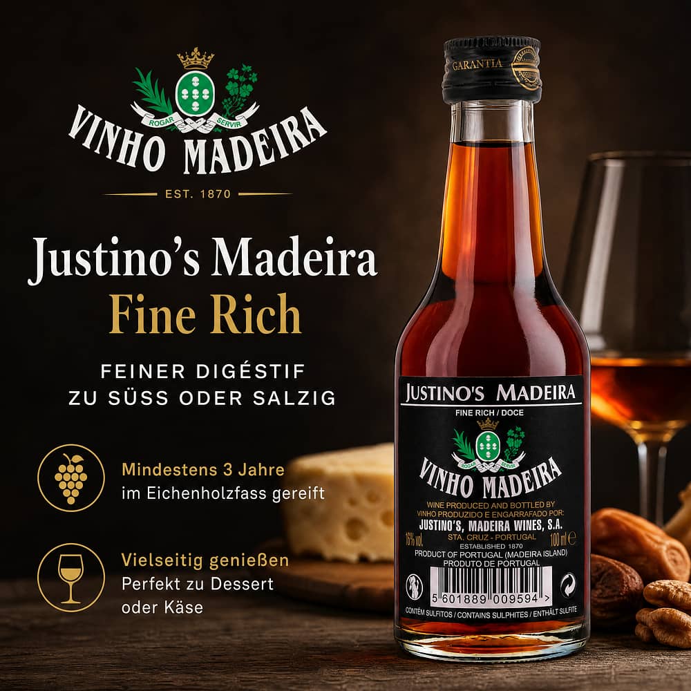 Justino`s Madeira Fine Rich Kleinflasche 0,10 Liter/ 19.0% vol Produktbild