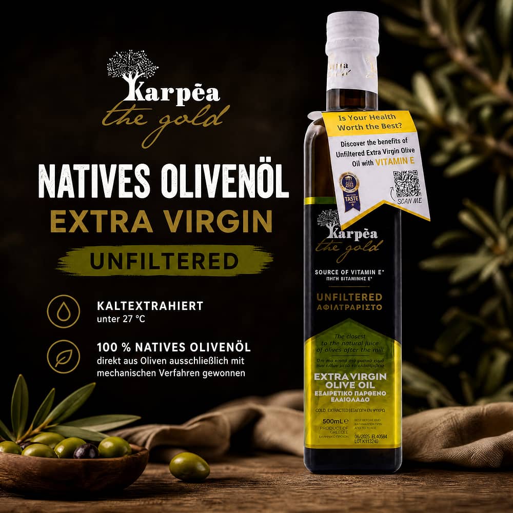 Karpea The Gold NAtives Olivenöl Extra Virgin Unfiltered 0,50 Liter Produktbild